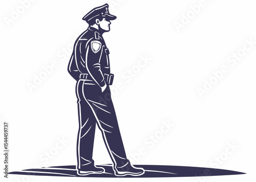 Illustration of a police officer in uniform standing with hands in pockets and a serious expression on his face created with generated ai