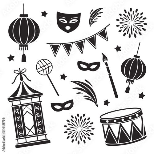 Black and white carnival celebration icons set