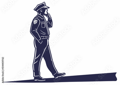 Illustration of a police officer in uniform standing with hand to chin in a thoughtful pose on patrol duty created with generated ai