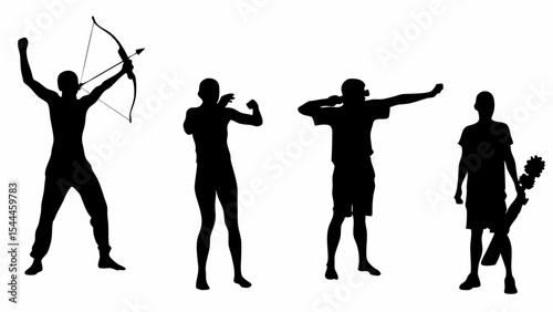 Silhouettes of figures engaged in various activities including archery and track and field sports created with generated ai