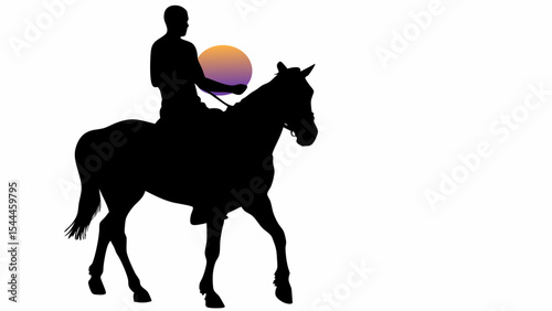 Silhouette of a person riding a horse with an orange and purple orb in the background design art created with generated ai
