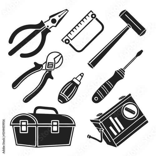 Collection of black and white hand drawn tools and toolbox