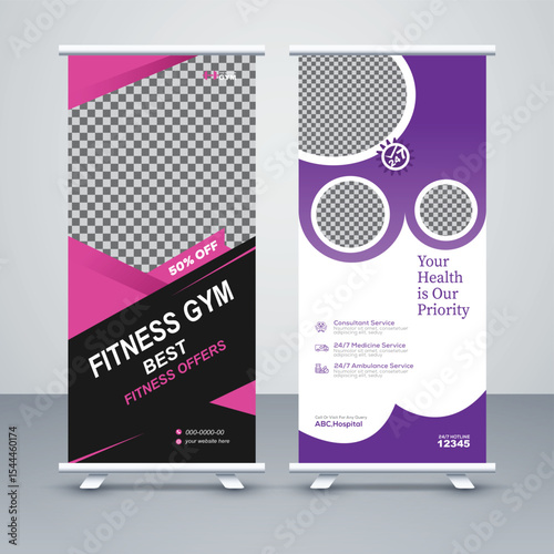 Health and Gym roll up stand banner design vector