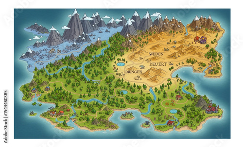 Fantasy cartoon world map with different terrains