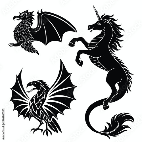 Stylized black and white mythical creatures set