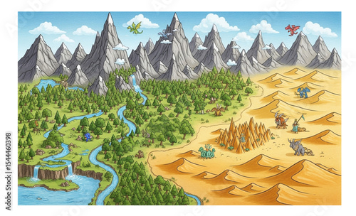 Illustrated fantasy world map of green forest and desert landscape