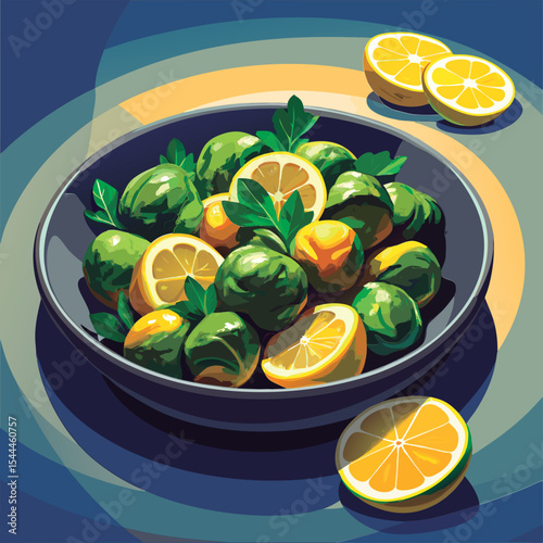 Brussel sprouts with lemon slices. vibrant.