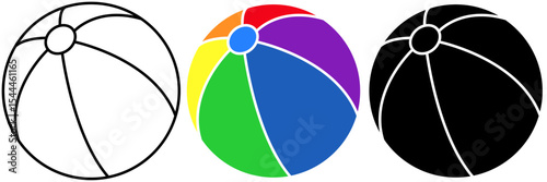 Set of beach balls, minimalistic black color, vibrantly colored with rainbow colors and black line drawing of spherical objects with isolated background. Summer fun, outdoor activities.