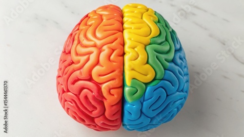 Colorful model of a brain showing distinct hemispheres in vibrant hues, illustrating the concept of creativity and intellect.