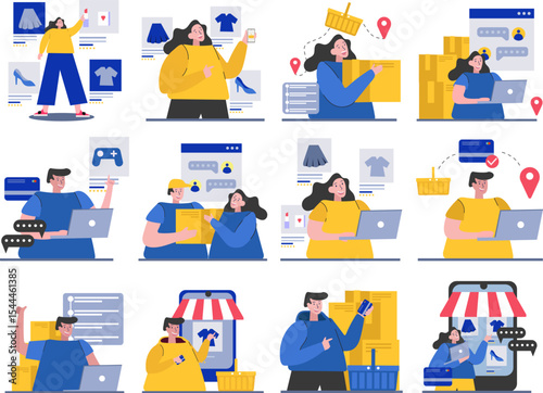 E-Commerce concept flat illustration set. Includes of online shopping, digital store, shopping cart, buy online, and more. Vector illustration isolated transparent background