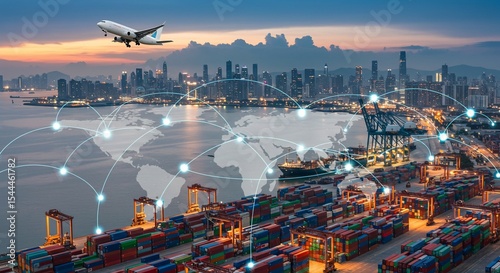 Wallpaper Mural Global Logistics Network Airplane Cargo Containers and City Skyline at Sunset Torontodigital.ca