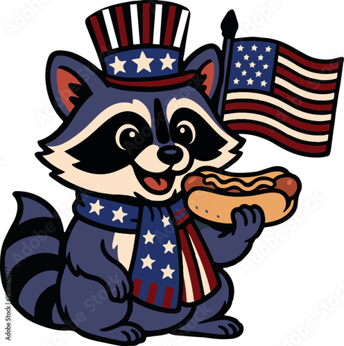 Patriotic Raccoon in Uncle Sam Hat with American Flag & Hot Dog