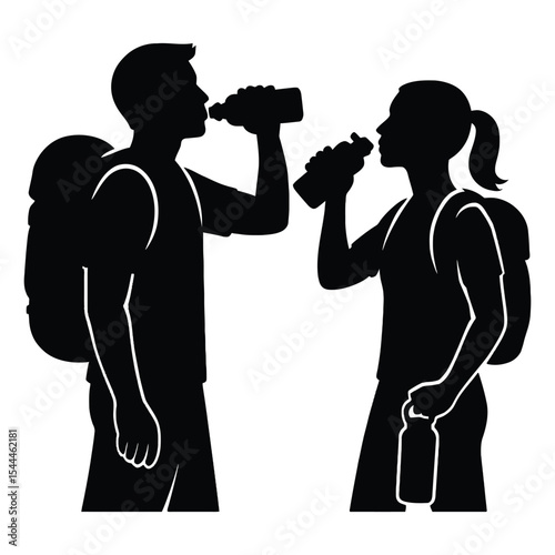 Hiking couple drinking water bottles silhouette