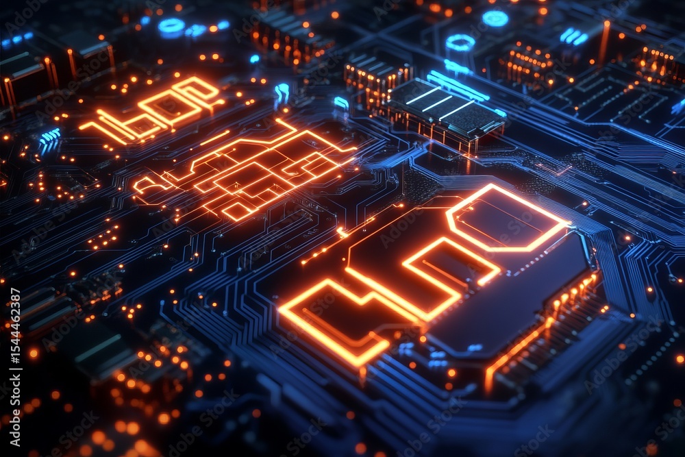 Obraz premium Futuristic glowing circuit board with 5G technology and high-speed data pathways in vibrant orange and blue lights