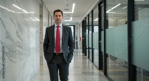 Wallpaper Mural Professional businessman walking in modern corporate office corridor with marble walls and glass partitions, demonstrating confidence and leadership in business setting Torontodigital.ca