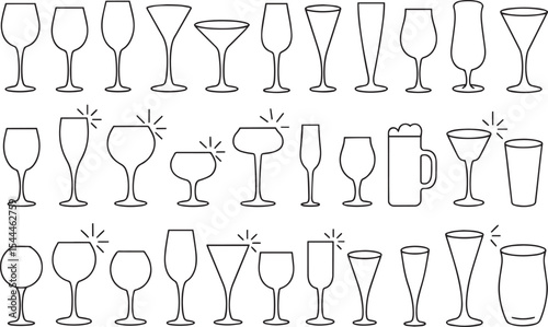 "Line Art Collection of Diverse Drinkware – Wine, Beer, Cocktail & Champagne Glasses"

