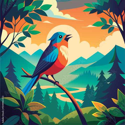 Colorful bird sings in a lush mountain valley.