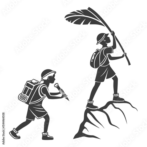 Silhouette of two young explorers on a mountain adventure