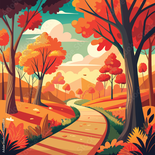 Autumnal path winding through colorful trees.