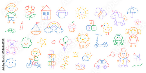 Cute kid crayon hand drawn icon. Preschool kindergarten doodle set. Sketch children vector school chalk background.