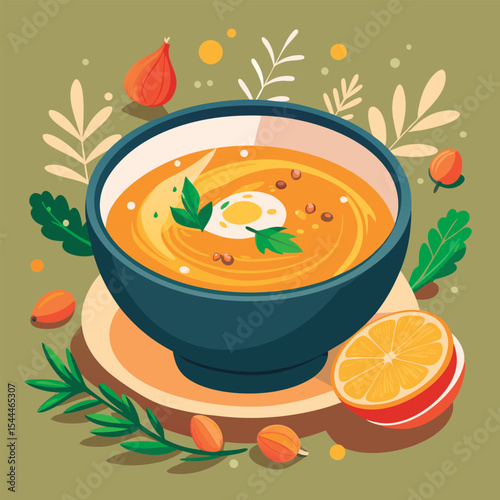 Colorful bowl of soup with garnish.
