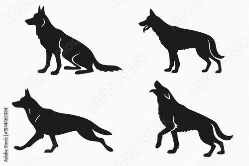 German Shepherd Dog Silhouettes in Various Poses on White Background