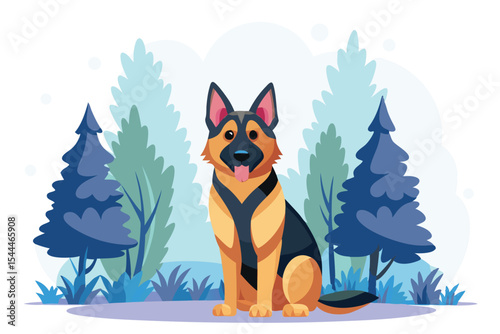 Cartoon German Shepherd Dog Sitting in a Blue Forest Landscape