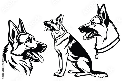 German Shepherd Dog Vector Illustration in Different Poses Black and White