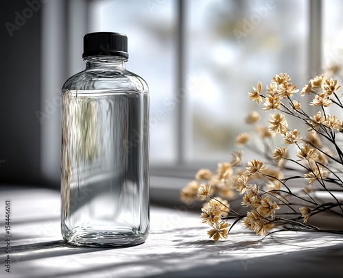 Clear Glass Bottle Mockup with Dried Flowers by Window Sunlight A perfect product presentation image for your brand