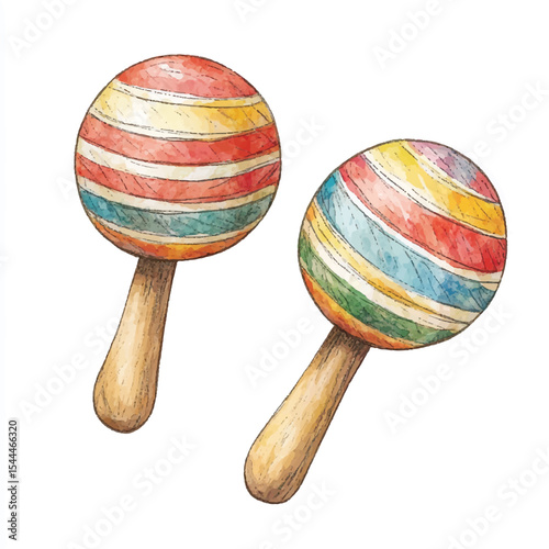 Watercolor Pair of Colorful Striped Maracas with Wooden Handles