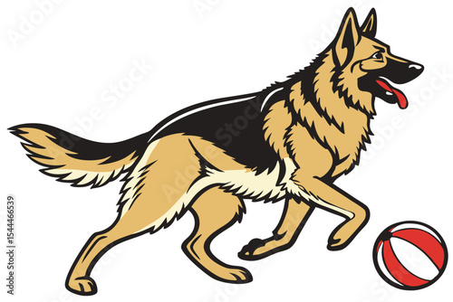 German Shepherd Dog Playing with a Red Ball Vector Illustration