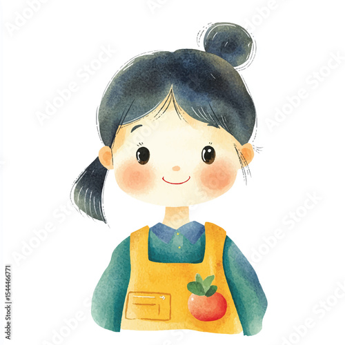 Watercolor Portrait of a Smiling Girl Wearing Apron with Tomato