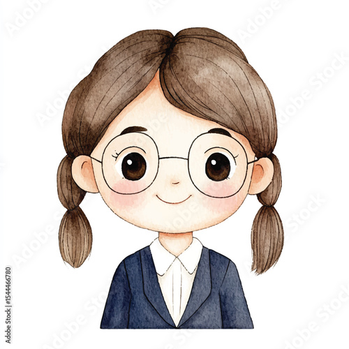 Watercolor Portrait of a Smiling Girl Wearing Glasses and Pigtails