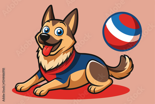 Cartoon German Shepherd with Ball Playful Dog Illustration for Children