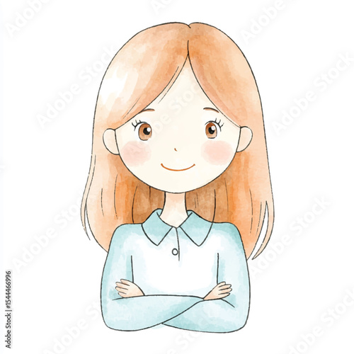 Watercolor Portrait of a Smiling Woman with Crossed Arms Soft Colors