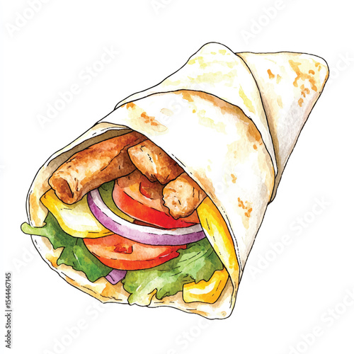 Watercolor Shawarma Wrap with Chicken Tomato Onion Lettuce and Yellow Pepper