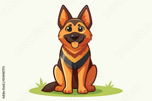 Cartoon German Shepherd Dog Sitting on Grass with Tongue Out