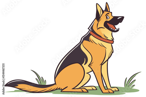Cartoon German Shepherd Dog Sitting on Grass with a Collar