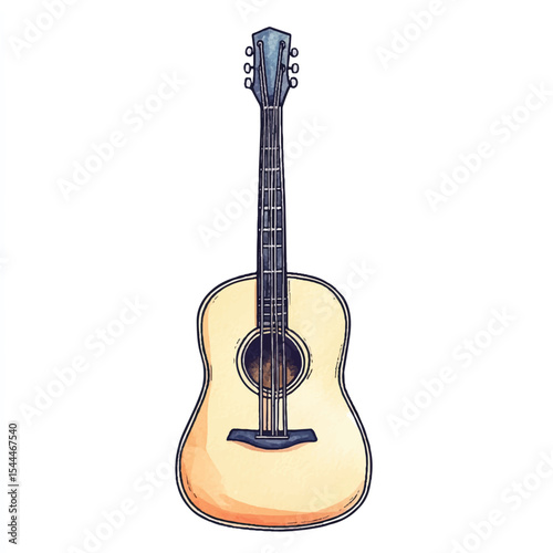 Watercolor Style Acoustic Guitar with Blue Headstock and Black Outlines
