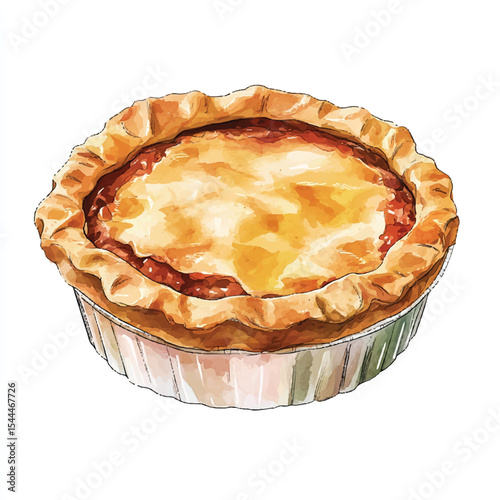 Watercolor Style Illustration of a Golden Brown Pie in a Foil Tin