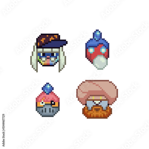 pixel art fantasy faces in 8-bit retro style, various humanoid and monster-like characters with expressive features and headgear, game assets, avatars, NFTs, or retro design projects.