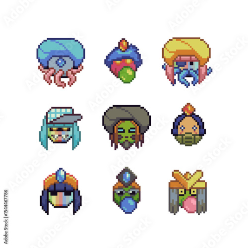 pixel art fantasy faces in 8-bit retro style, various humanoid and monster-like characters with expressive features and headgear, game assets, avatars, NFTs, or retro design projects.