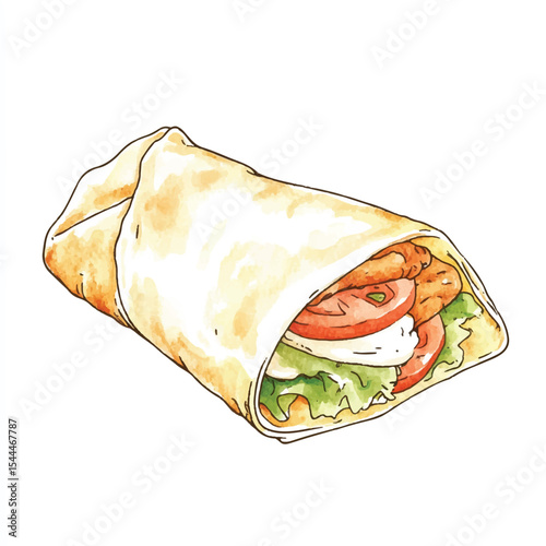 Watercolor Style Shawarma Wrap with Chicken Tomato Lettuce and Creamy Sauce