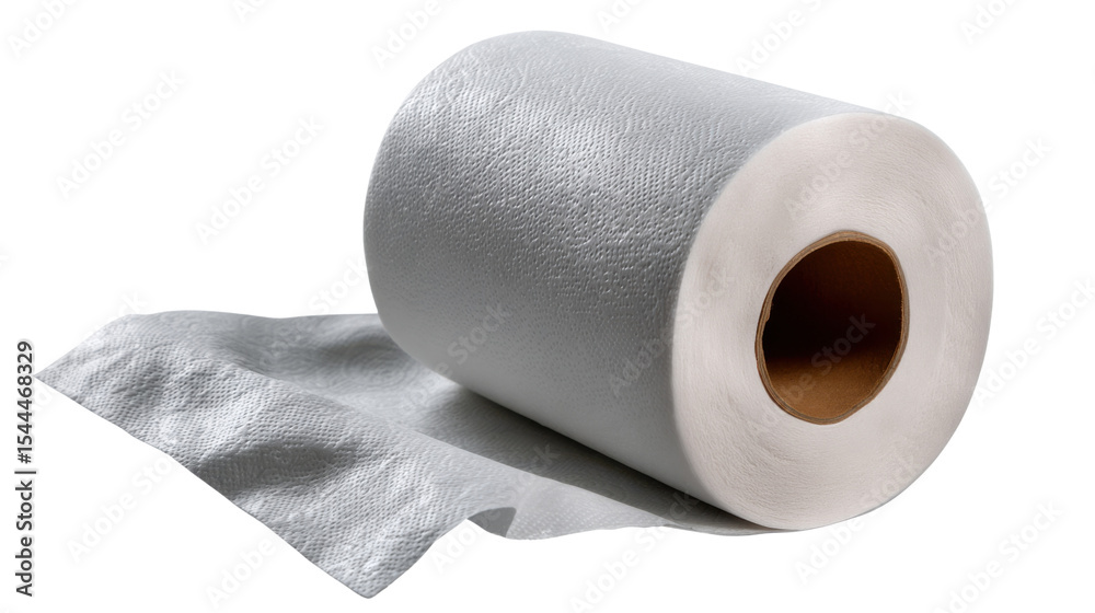 Fototapeta premium Toilet Paper Roll: A roll of soft, absorbent toilet paper with a sheet pulled out, ready for use. Cleanliness, hygiene, and bathroom essentials are emphasized.