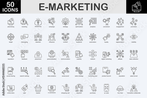E-marketing outline icon set. Covers advertising, branding, awareness, campaign, strategy, optimization, analytics, conversion, engagement, promotion, and more. Simple vector illustration.