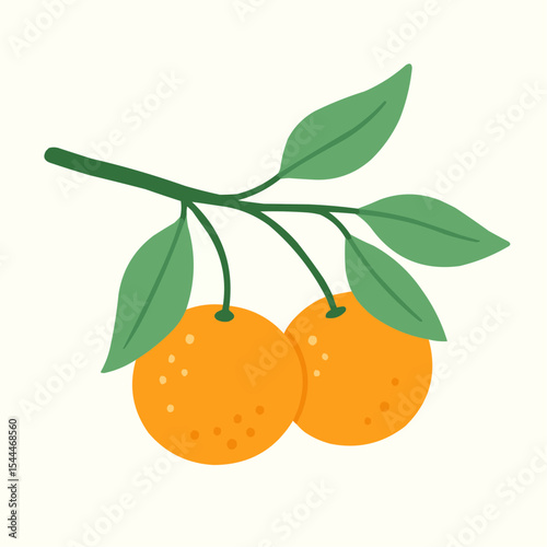 Tangerine with leaves, tree branch, isolated food illustration, abstract fruit art isolated on white
