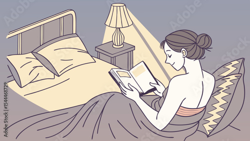 A woman reading a book in bed with a nightstand lamp and pillows in a cozy bedroom setting at night