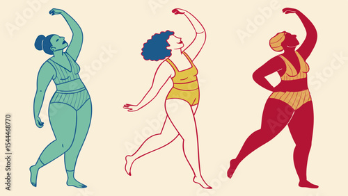 Three stylized women in swimwear striking a pose with arms raised against a light background in a row