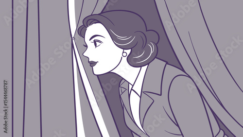 Illustration of a woman with dark hair peering from behind a curtain in a stylized monochrome scene