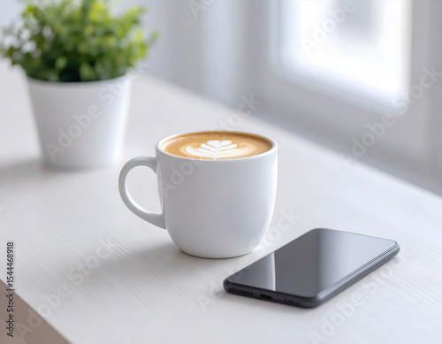 A coffee shop scene featuring a cappuccino in a ceramic cup, a smartphone on a rustic wooden table, bathed in natural window light.